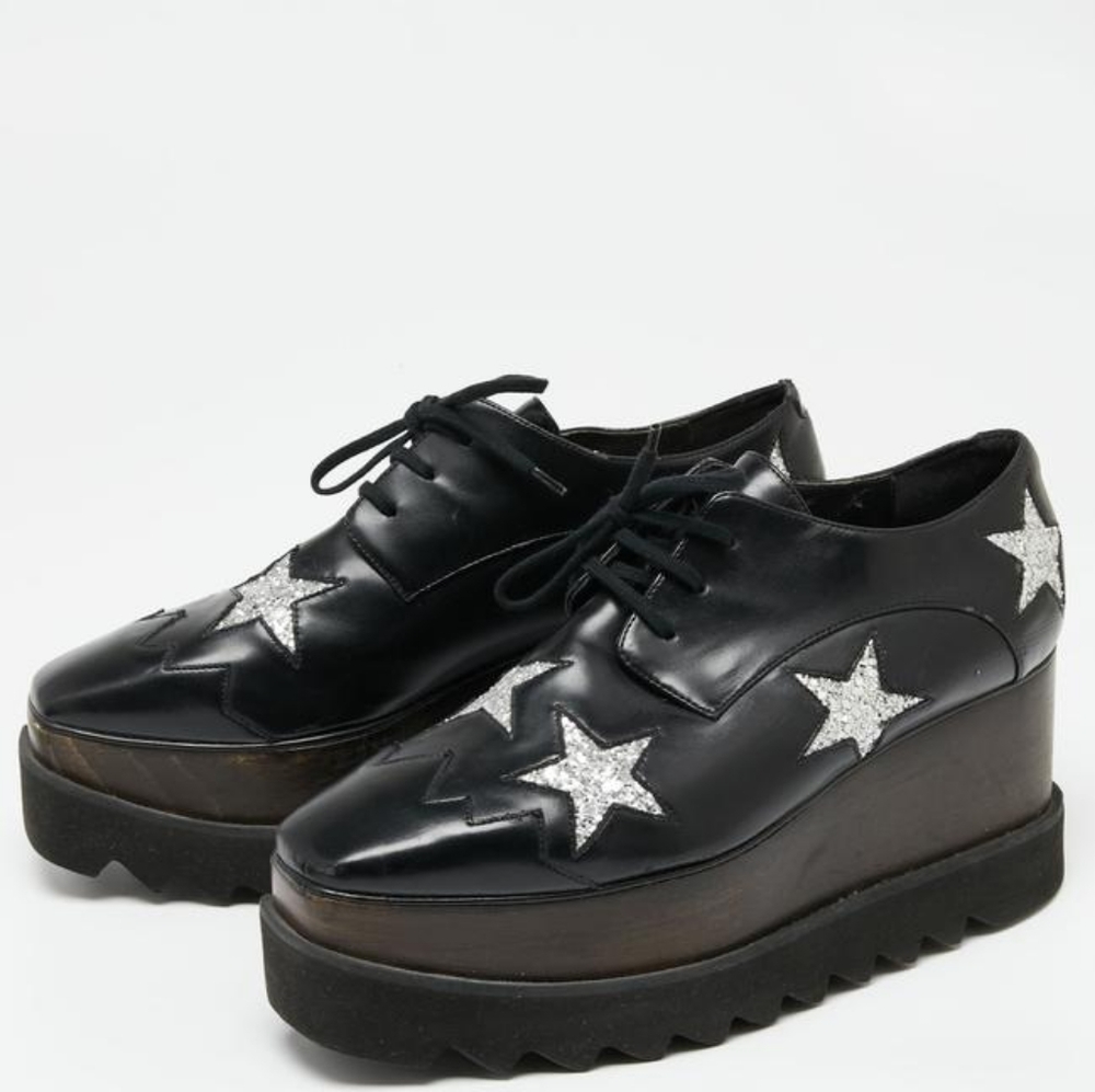 Stella McCartney Black Platform Lace-Up Shoes with Silver Star Appliqués